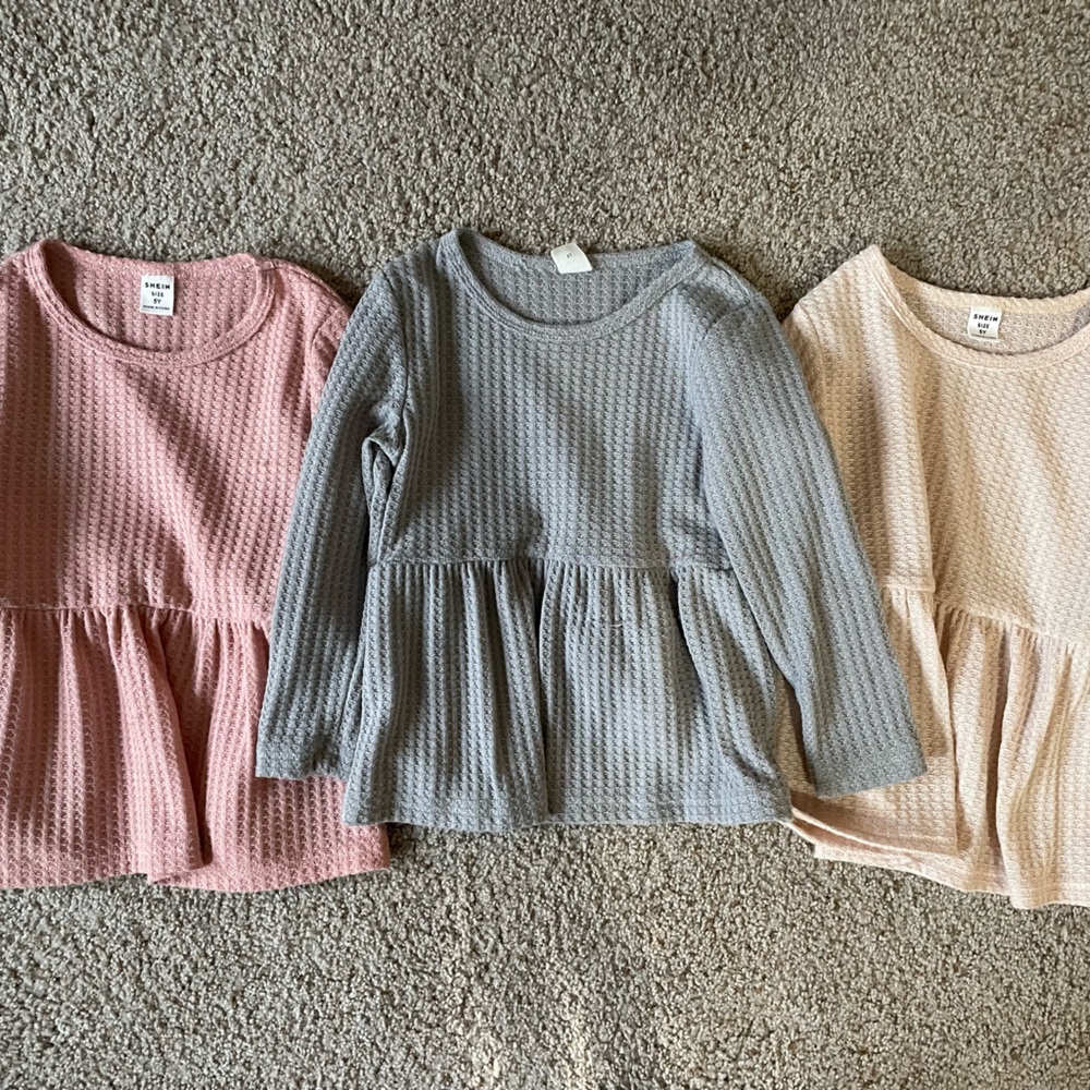 Kids Waffle Knit Long Sleeve Tops - Pink, Gray, Cream
